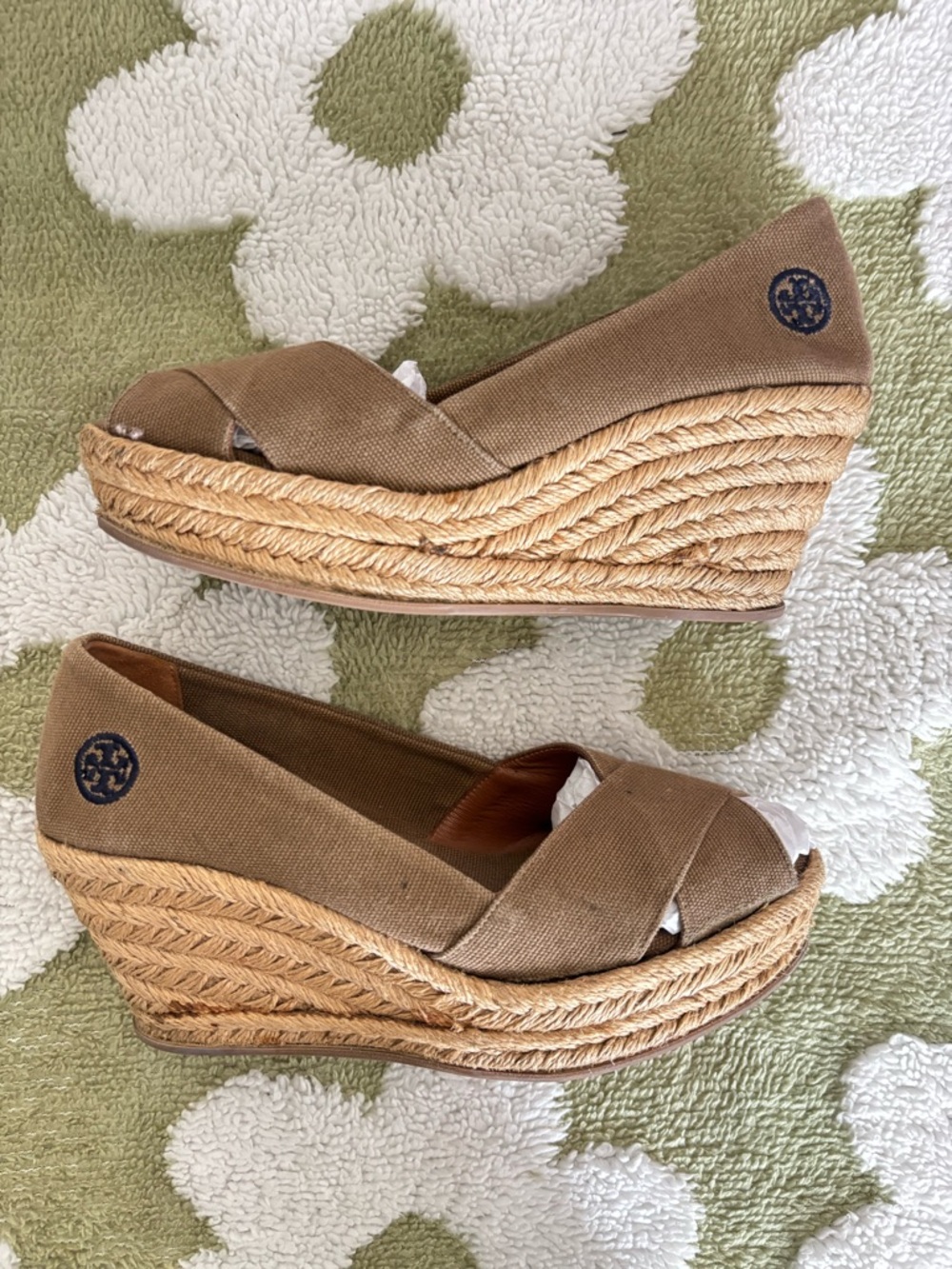 Tory Burch Canvas Espadrille Wedge Peep-Toe with Logo